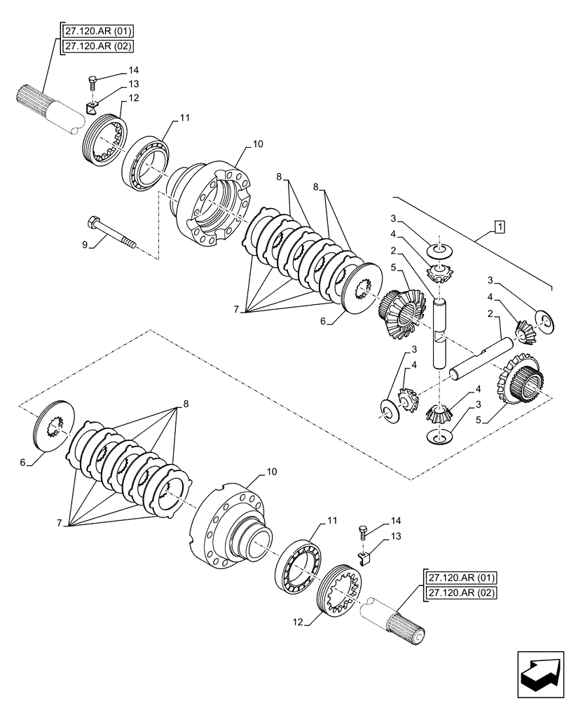 Схема запчастей Case 21F - (27.106.AC[02]) - VAR - 734510, 734513 - REAR AXLE, DIFFERENTIAL GEAR (WITH DISK) (27) - REAR AXLE SYSTEM