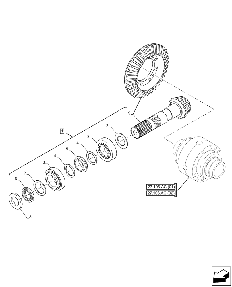 Схема запчастей Case 221F - (27.106.AA[02]) - VAR - 734510, 734511, 734512 - REAR AXLE, BEVEL GEAR (27) - REAR AXLE SYSTEM