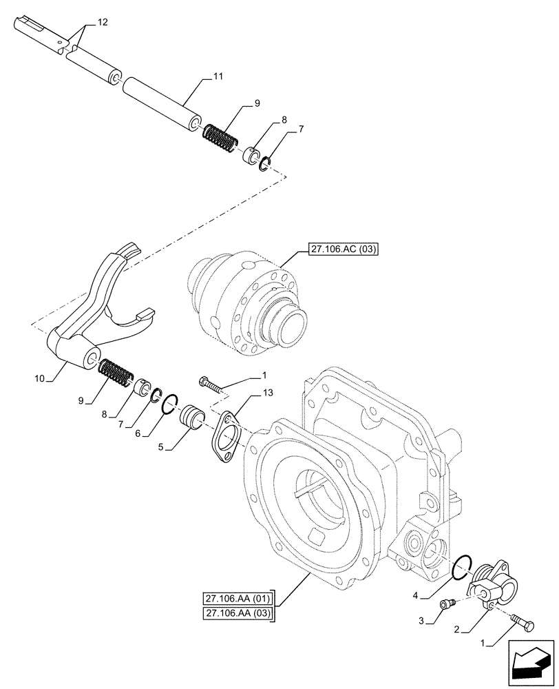 Схема запчастей Case 321F - (27.106.AK) - VAR - 734512, 734515 - REAR AXLE, DIFFERENTIAL LOCK (27) - REAR AXLE SYSTEM