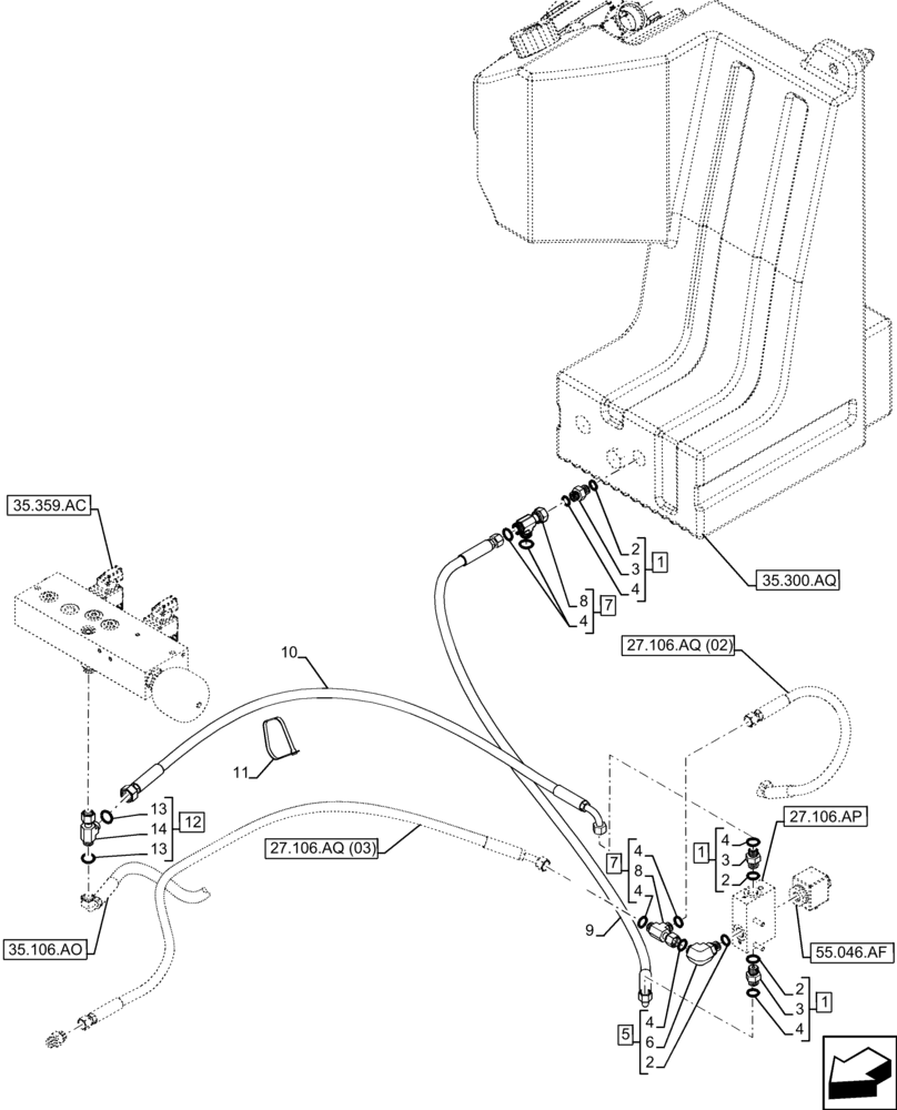 Схема запчастей Case 221F - (27.106.AQ[01]) - VAR - 734515 - DIFFERENTIAL LOCK, CONTROL VALVE, OIL LINE (27) - REAR AXLE SYSTEM