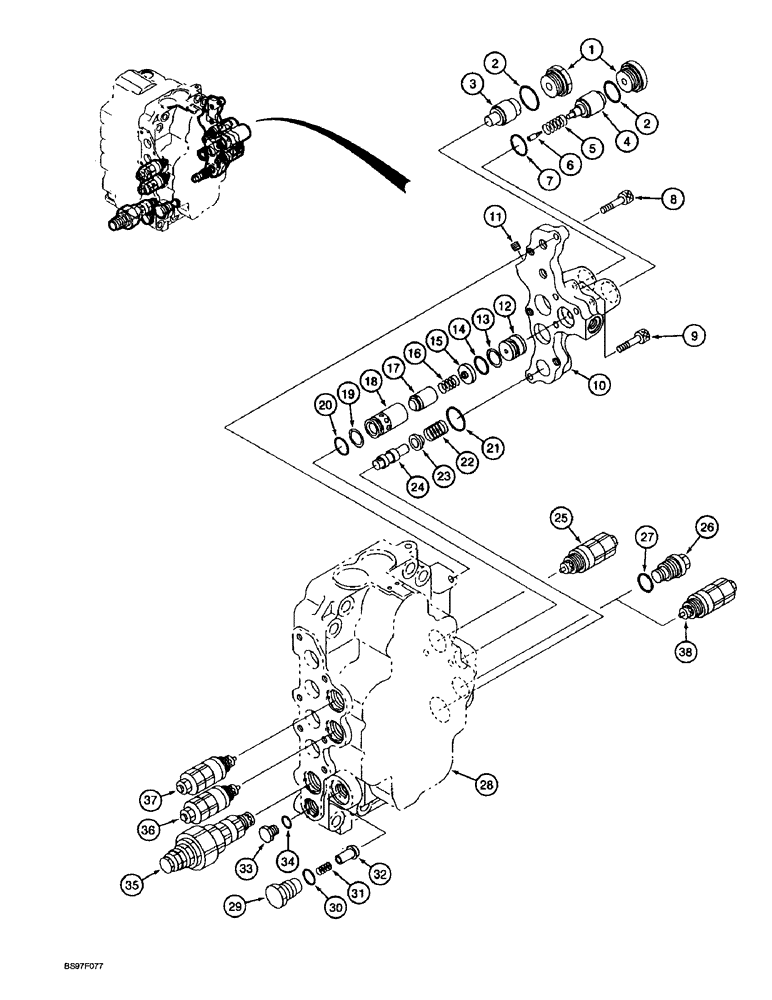 Схема запчастей Case 9045B - (8-098) - HYDRAULIC CONTROL VALVE COMPONENTS, FOUR SPOOL VALVE SECTION, RELIEF AND CHECK VALVES (08) - HYDRAULICS