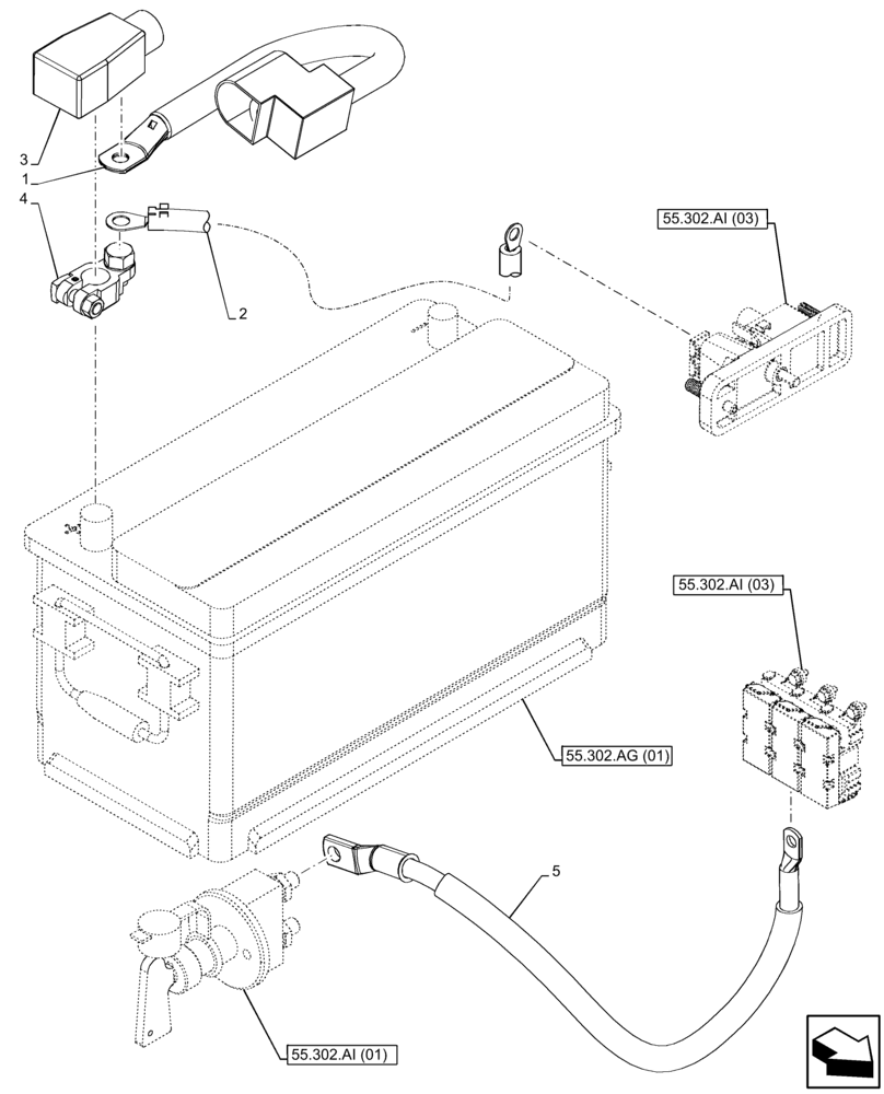 Схема запчастей Case 121F - (55.302.AI[02]) - VAR - 734574 - BATTERY - CABLES (55) - ELECTRICAL SYSTEMS