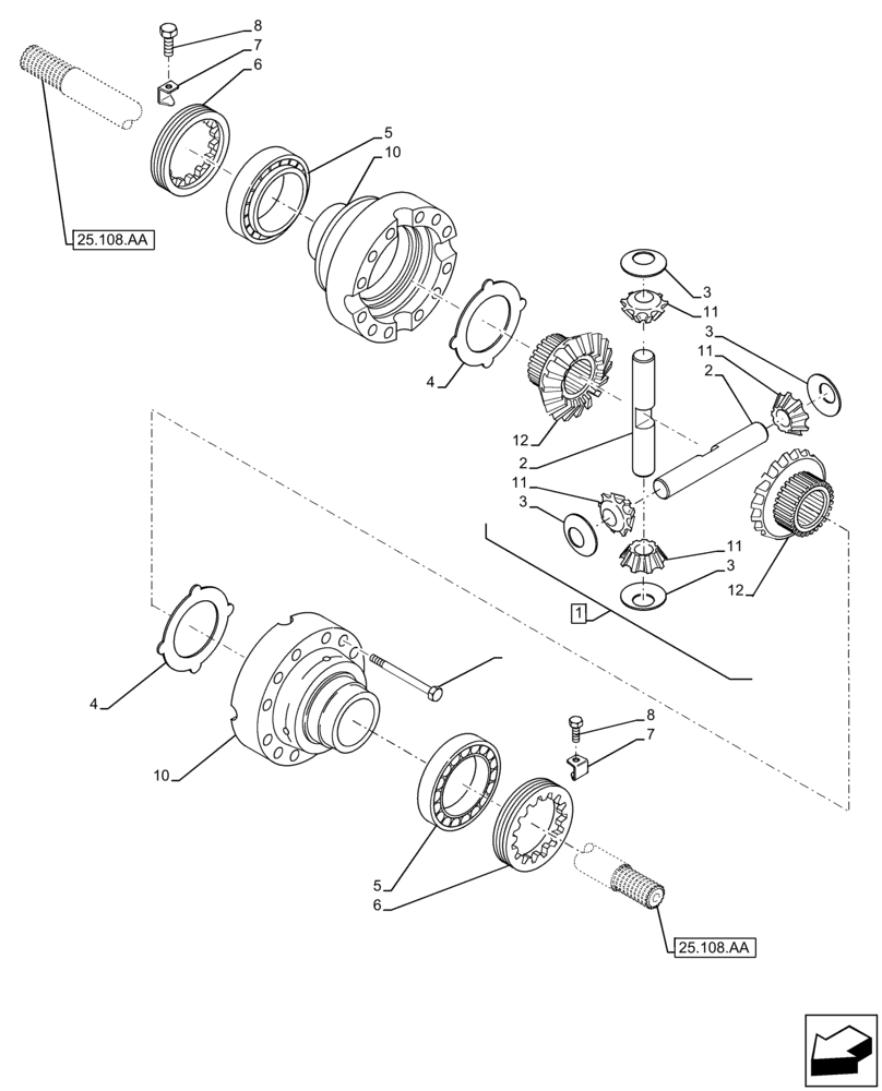 Схема запчастей Case 121F - (25.102.AD[01]) - VAR - 734511, 734514 - FRONT AXLE, DIFFERENTIAL GEAR (WITHOUT DISK) (25) - FRONT AXLE SYSTEM