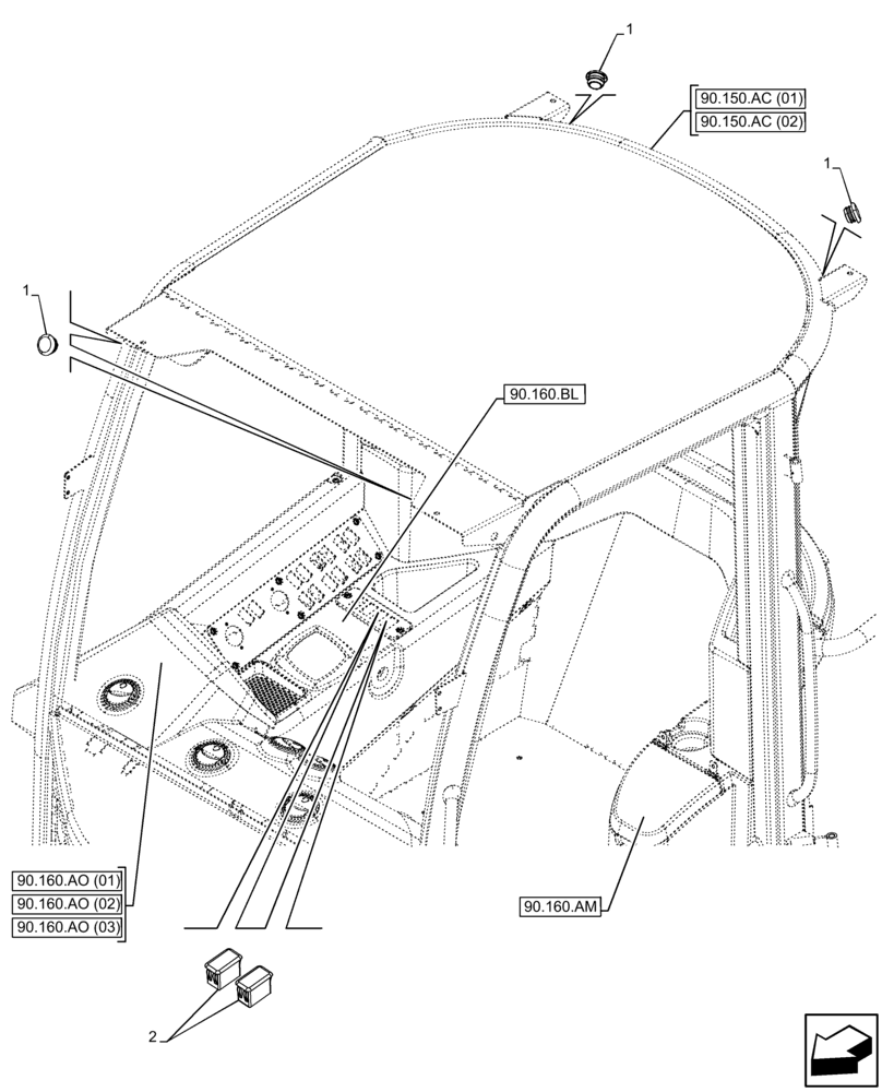 Схема запчастей Case 221F - (90.160.BY[02]) - VAR - 402022 - WORKING LIGHT, PLUGS (90) - PLATFORM, CAB, BODYWORK AND DECALS