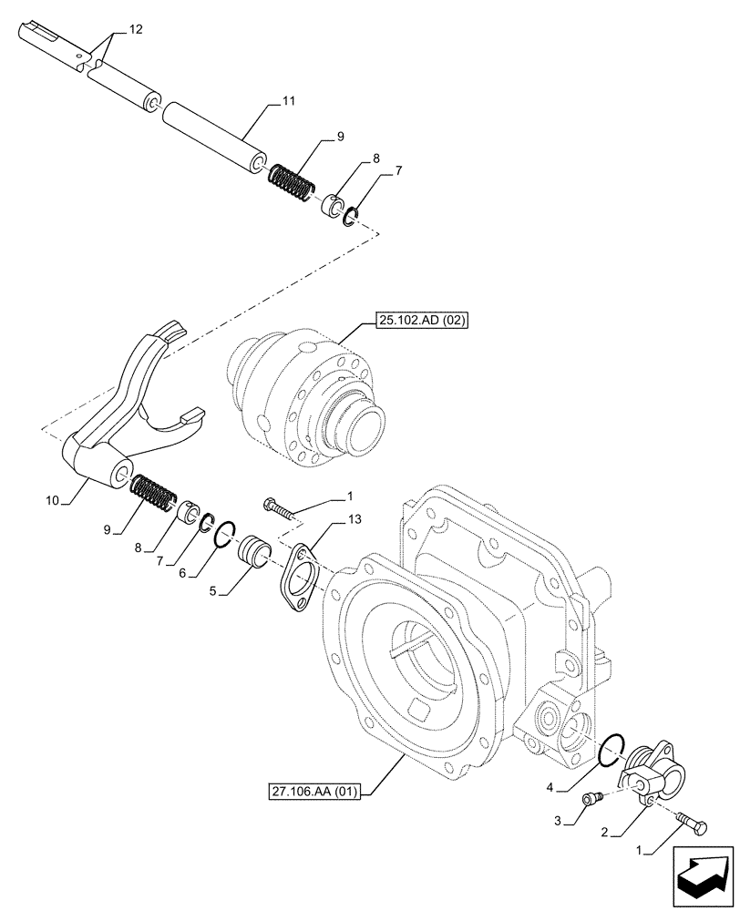 Схема запчастей Case 321F - (25.102.AS) - VAR - 734512, 734515 - FRONT AXLE, DIFFERENTIAL LOCK (25) - FRONT AXLE SYSTEM