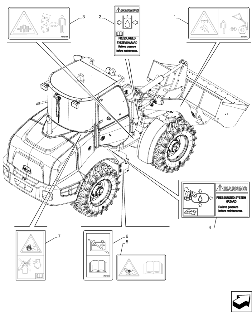 Схема запчастей Case 121F - (90.108.AC[24]) - VAR - 734529 - DECALS, WARNING (90) - PLATFORM, CAB, BODYWORK AND DECALS