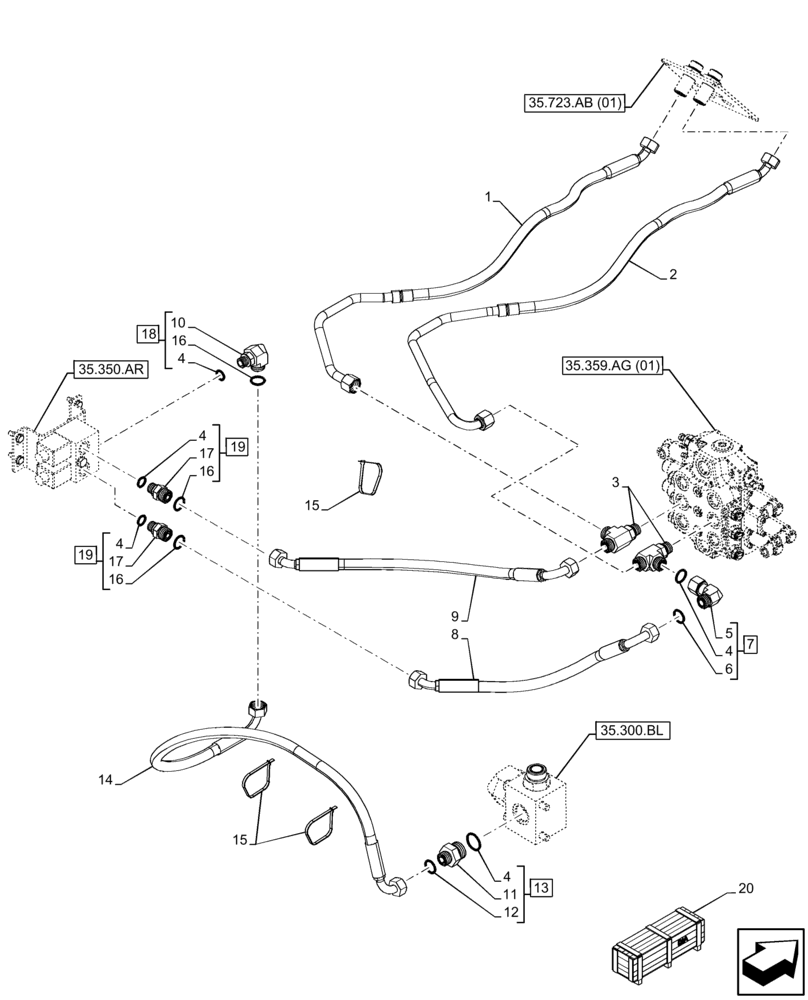 Схема запчастей Case 121F - (35.701.BR[01]) - VAR - 734520 - RIDE CONTROL LINES (35) - HYDRAULIC SYSTEMS