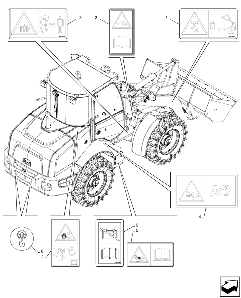 Схема запчастей Case 221F - (90.108.AC[05]) - VAR - 734541, 734542, 734543, 734544, 734545 - DECALS, WARNING (90) - PLATFORM, CAB, BODYWORK AND DECALS