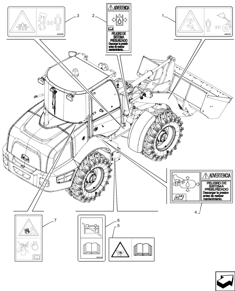 Схема запчастей Case 21F - (90.108.AC[28]) - VAR - 734540 - DECALS, WARNING (90) - PLATFORM, CAB, BODYWORK AND DECALS