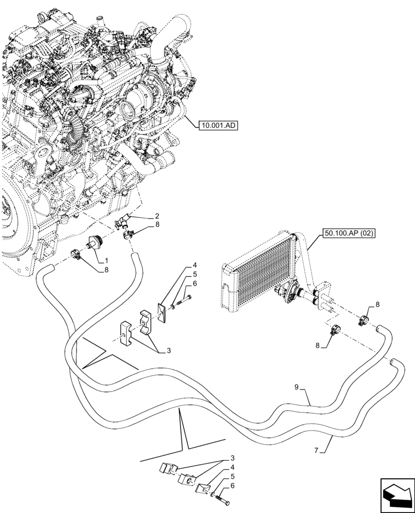 Схема запчастей Case 321F - (50.100.AQ) - VAR - 734505, 734506 - HEATING SYSTEM, HOSE (50) - CAB CLIMATE CONTROL