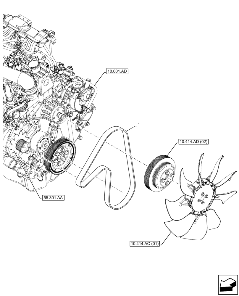 Схема запчастей Case 21F - (10.414.BE[02]) - VAR - 734635 - FAN, BELT (10) - ENGINE