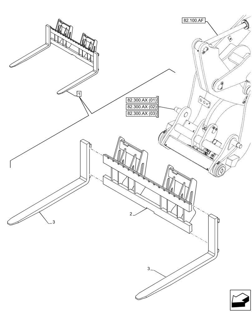 Схема запчастей Case 121F - (82.300.AQ[03]) - VAR - 734642 - FORKS (82) - FRONT LOADER & BUCKET