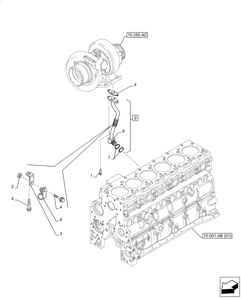 Схема запчастей Case F4HFE613Y B005 - (10.250.AE) - TURBOCHARGER OIL RETURN LINE (10) - ENGINE