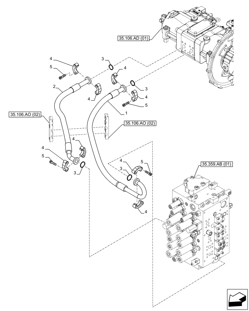 Схема запчастей Case CX250D LC LR - (35.106.AO[01]) - VARIABLE DELIVERY HYDRAULIC PUMP, LINES (35) - HYDRAULIC SYSTEMS