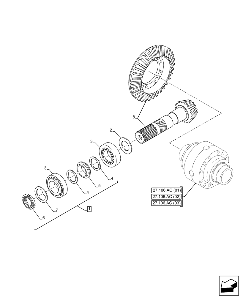 Схема запчастей Case 321F - (27.106.AA[02]) - VAR - 734513, 734514, 734515 - REAR AXLE, BEVEL GEAR (27) - REAR AXLE SYSTEM