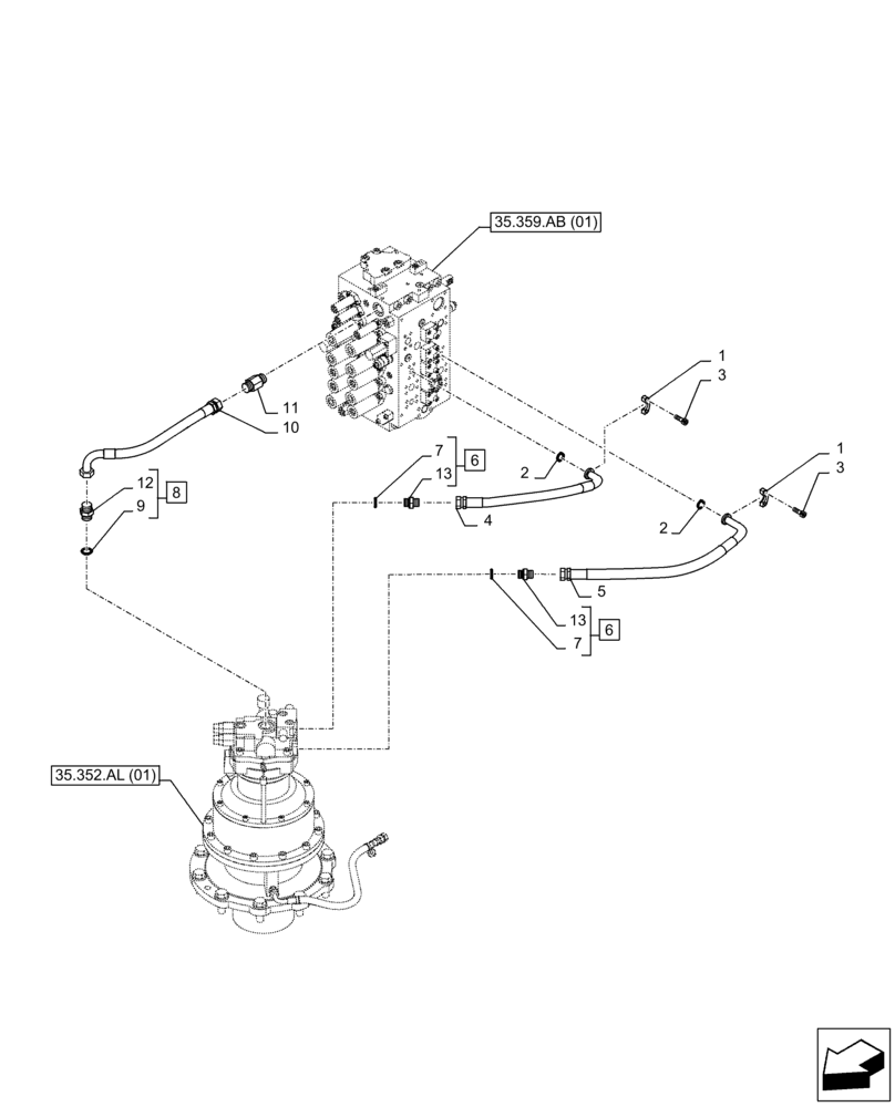 Схема запчастей Case CX250D LC - (35.352.AI[01]) - MOTO-REDUCTION GEAR, LINES (35) - HYDRAULIC SYSTEMS