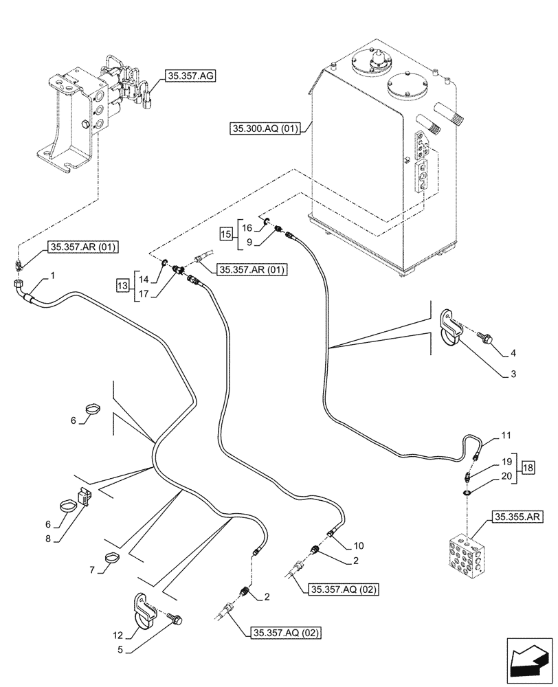 Схема запчастей Case CX250D LC - (35.357.AQ[01]) - PILOT VALVE, DRAIN LINE (35) - HYDRAULIC SYSTEMS