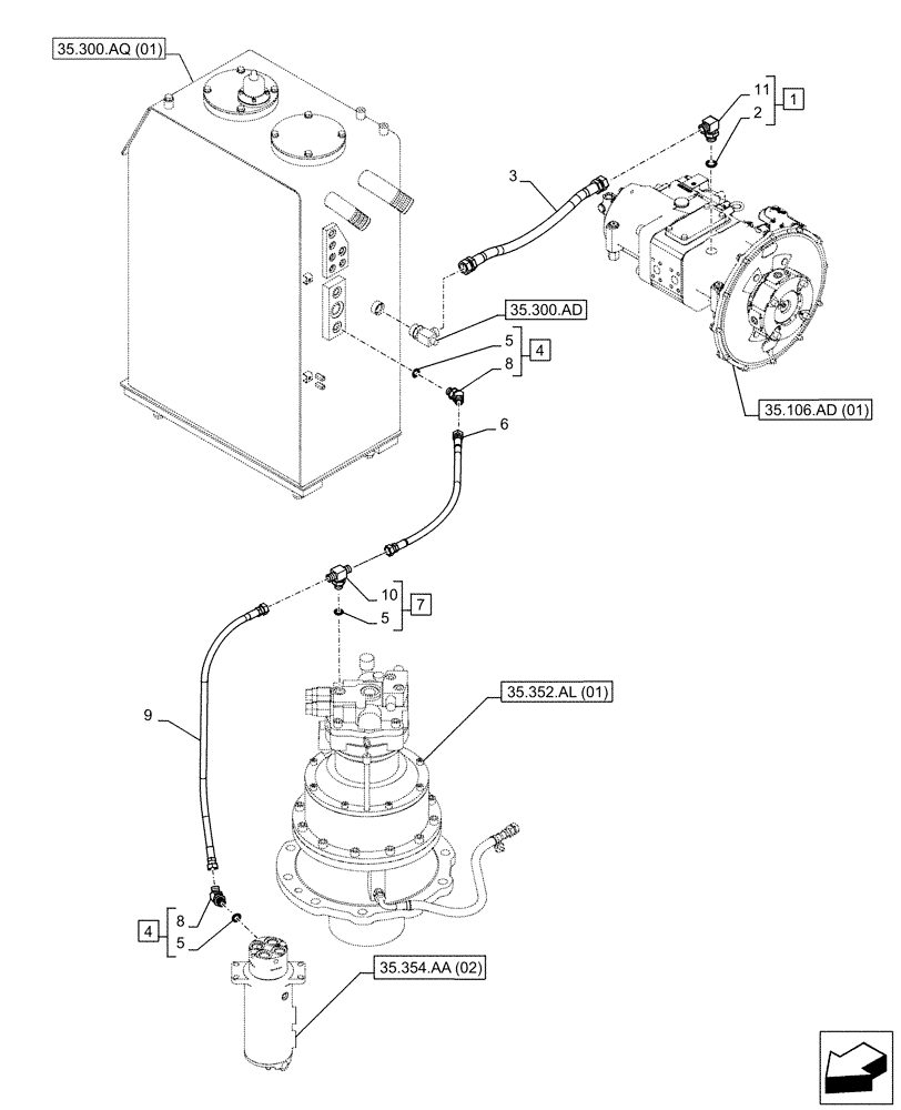 Схема запчастей Case CX250D LC LR - (35.352.AI[02]) - MOTO-REDUCTION GEAR, LINES (35) - HYDRAULIC SYSTEMS