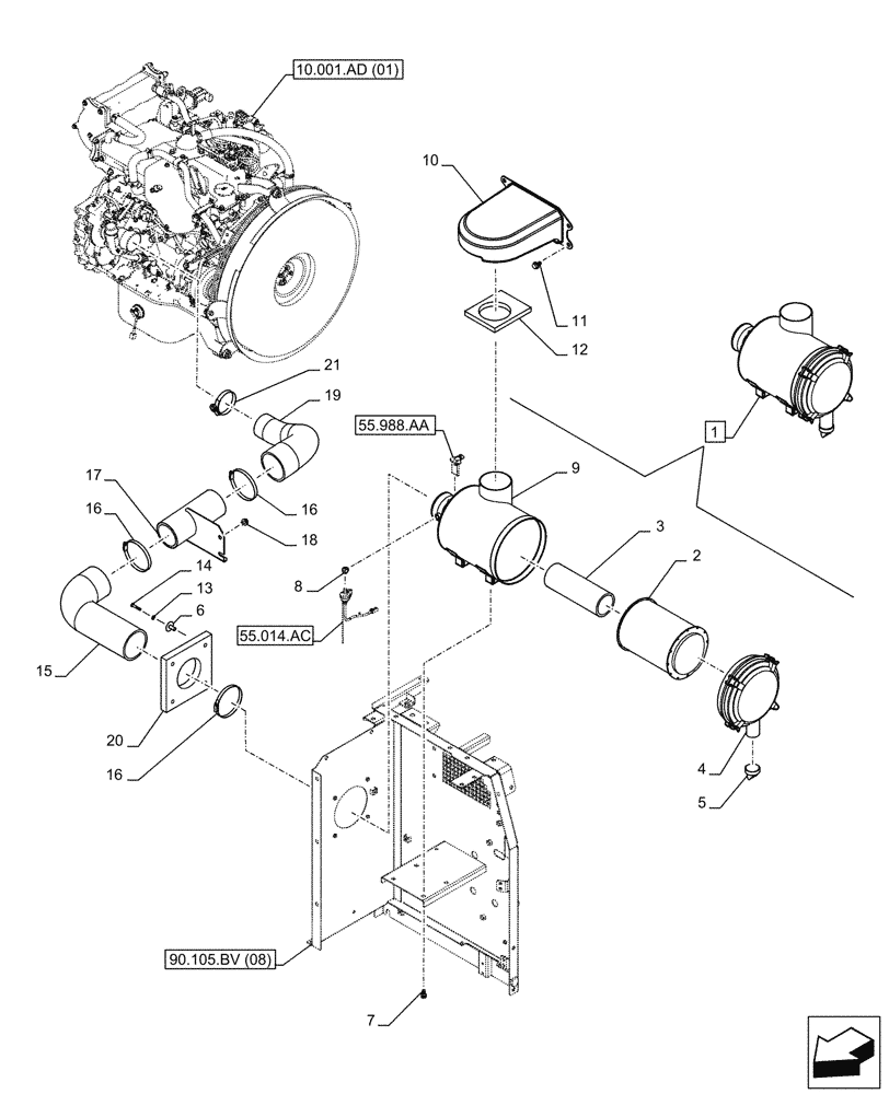 Схема запчастей Case CX250D LC LR - (10.202.AB[01]) - AIR CLEANER (10) - ENGINE