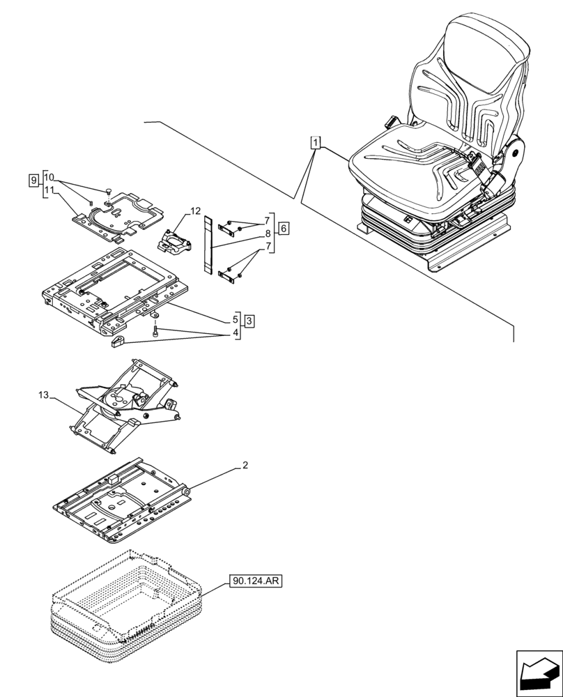 Схема запчастей Case 121F - (90.124.AM[02]) - VAR - 734590 - SEAT, AIR SUSPENSION, FRAME, LOWER (90) - PLATFORM, CAB, BODYWORK AND DECALS