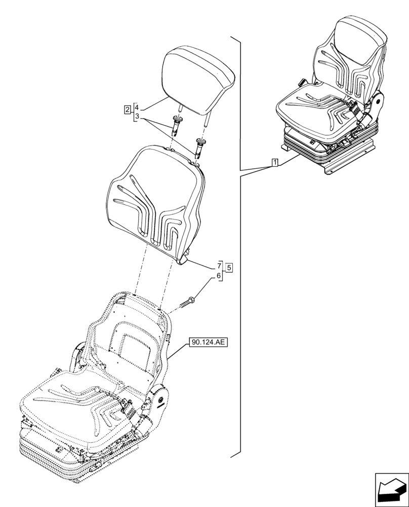 Схема запчастей Case 21F - (90.124.AF) - VAR - 734590 - SEAT, AIR SUSPENSION, BACKREST (90) - PLATFORM, CAB, BODYWORK AND DECALS