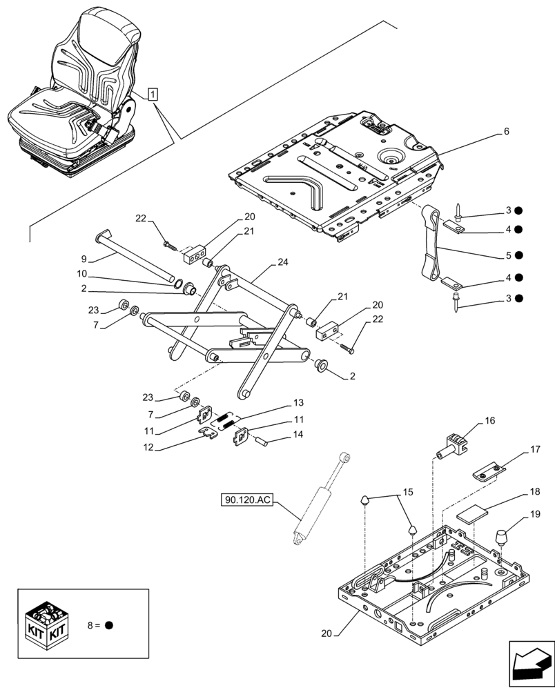 Схема запчастей Case 121F - (90.120.BC) - VAR - 734589 - DRIVER SEAT, SUSPENSION, UNIT (90) - PLATFORM, CAB, BODYWORK AND DECALS