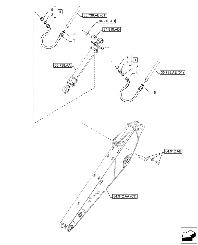 Схема запчастей Case CX250D LC - (35.738.AE[02]) - VAR - 461548 - BUCKET CYLINDER, LINES (ARM L=2.5M) (35) - HYDRAULIC SYSTEMS
