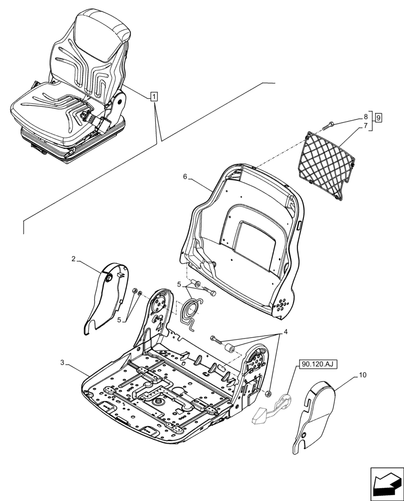 Схема запчастей Case 321F - (90.120.BH) - VAR - 734589 - DRIVER SEAT, FRAME (90) - PLATFORM, CAB, BODYWORK AND DECALS