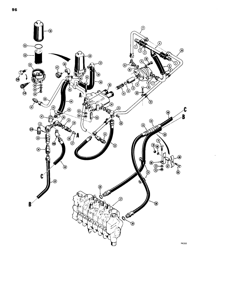 Схема запчастей Case 26B - (096) - BASIC BACKHOE HYDRAULICS, BACKHOE S/N 5205227 THRU 5220992, WITH HYDRAULIC OIL FILTER HOUSING UP 