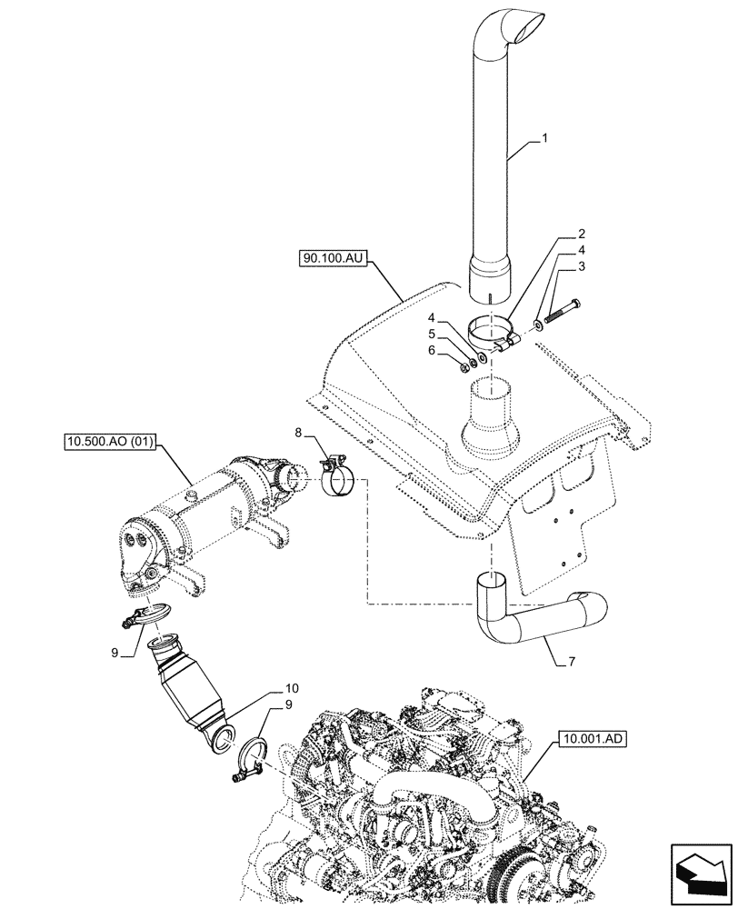 Схема запчастей Case 580N EP - (10.254.AD) - EXHAUST SYSTEM, EXHAUST PIPE (10) - ENGINE