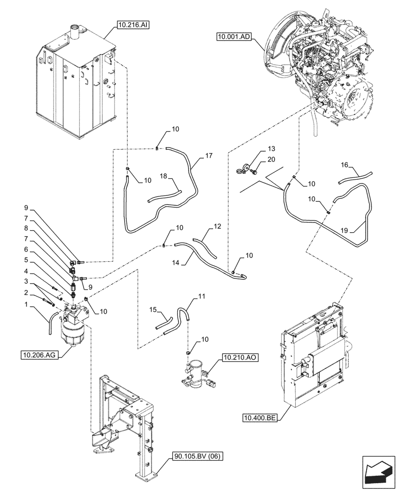 Схема запчастей Case CX250D LC LR - (10.216.BA[02]) - FUEL TANK, LINES (10) - ENGINE