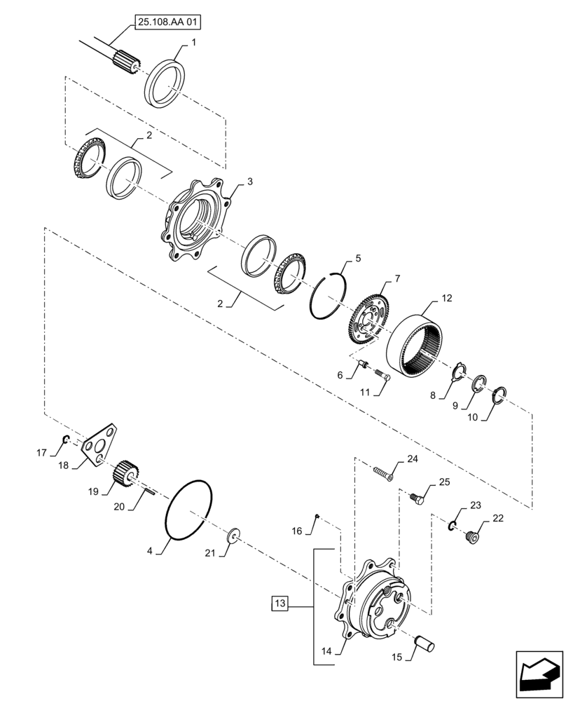 Схема запчастей Case 570N EP - (25.102.AP[01]) - FRONT AXLE, PLANETARY GEAR, 4WD (25) - FRONT AXLE SYSTEM