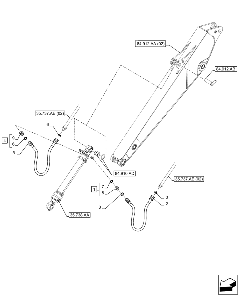 Схема запчастей Case CX250D LC - (35.738.AE[04]) - VAR - 781178 - BUCKET CYLINDER, LINES (ARM L=3.0M) (35) - HYDRAULIC SYSTEMS