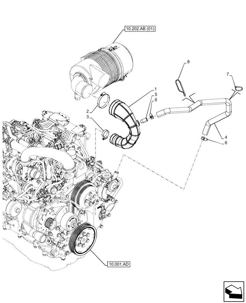 Схема запчастей Case 580SN WT - (10.202.AD[01]) - AIR CLEANER, ENGINE, INTAKE AIR HOSE (10) - ENGINE