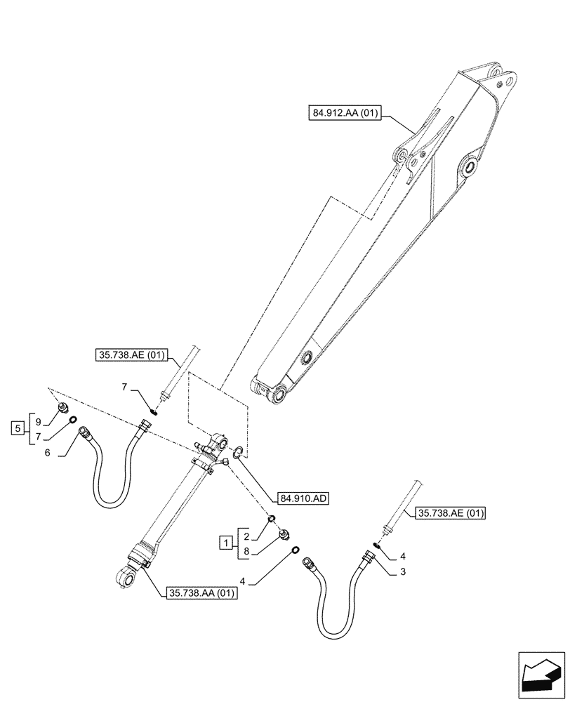 Схема запчастей Case CX250D LC - (35.738.AE[03]) - VAR - 781149 - BUCKET CYLINDER, LINES (ARM L=3.5M) (35) - HYDRAULIC SYSTEMS