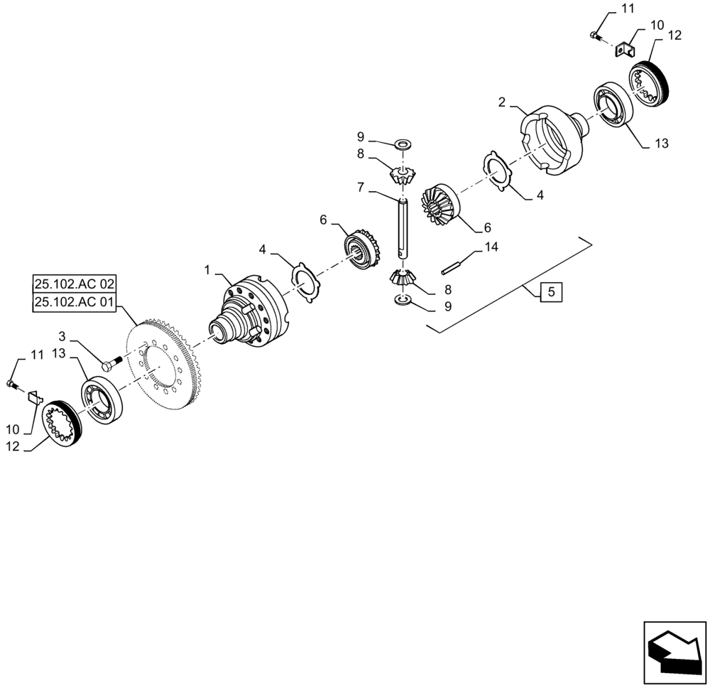 Схема запчастей Case 570N EP - (25.102.AD[02]) - FRONT AXLE DIFFERENTIAL, 4WD, WITH PTO (25) - FRONT AXLE SYSTEM