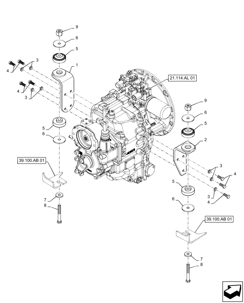 Схема запчастей Case 570N EP - (21.114.AL[02]) - TRANSMISSION MOUNTING PARTS, 4WD (21) - TRANSMISSION