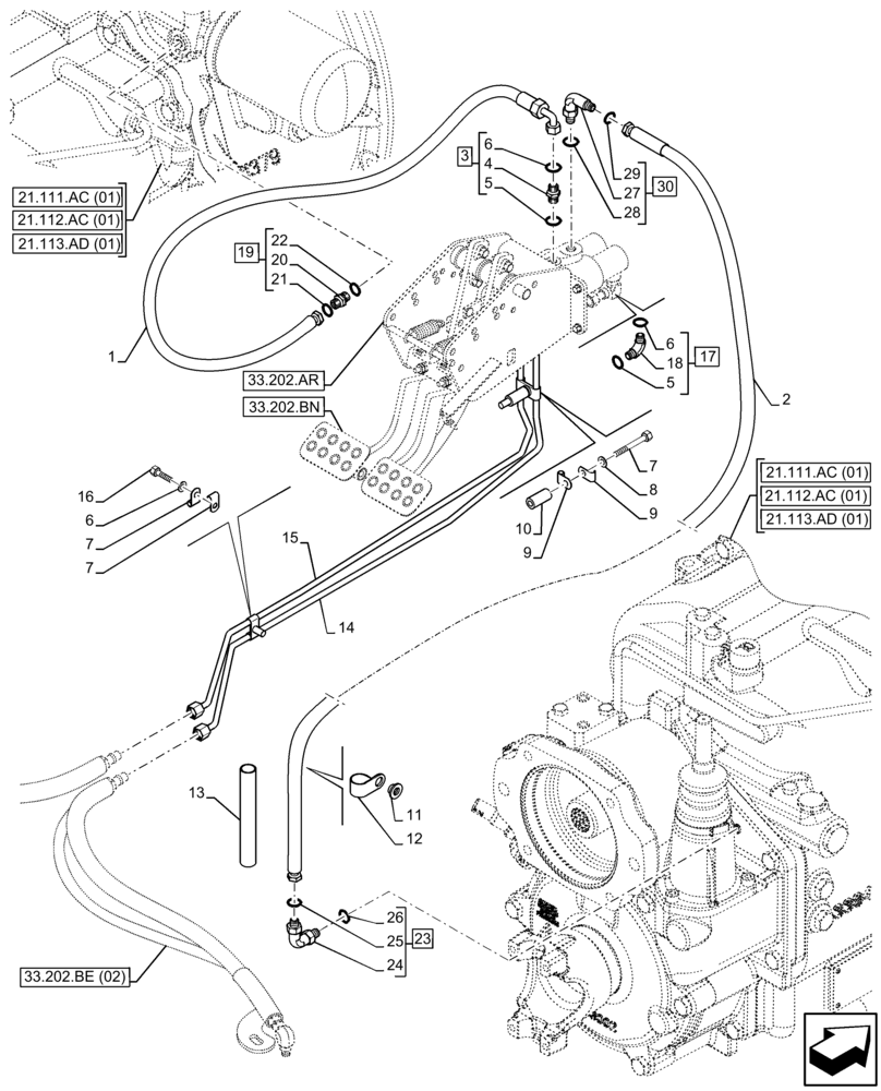 Схема запчастей Case 580SN - (33.202.BE[01]) - BRAKE, LINE, TRANSMISSION (33) - BRAKES & CONTROLS