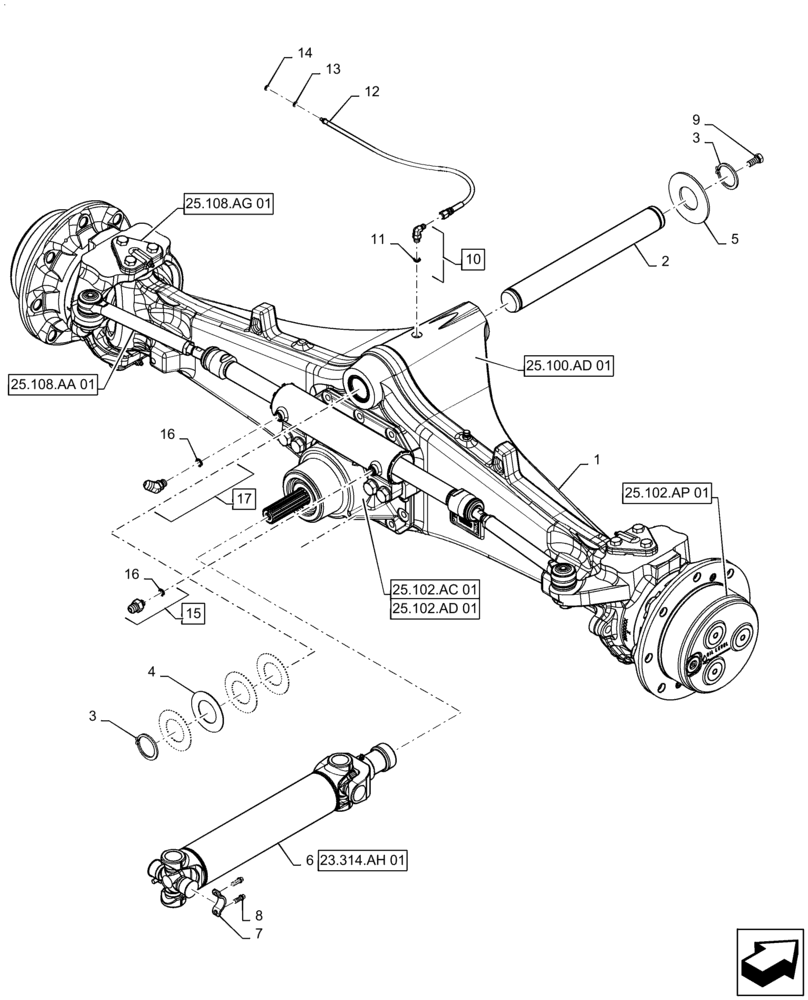 Схема запчастей Case 570N EP - (25.100.AA[01]) - FRONT AXLE, 4WD, WITHOUT PTO (25) - FRONT AXLE SYSTEM