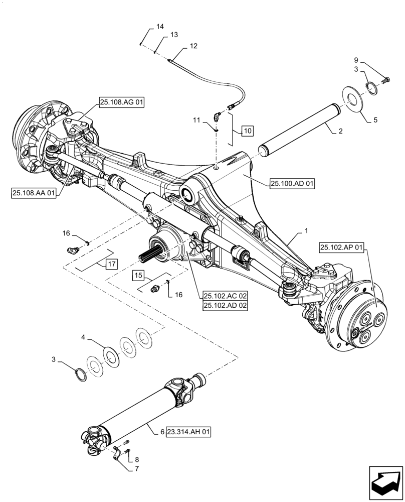 Схема запчастей Case 570N EP - (25.100.AA[02]) - FRONT AXLE, 4WD, WITH PTO (25) - FRONT AXLE SYSTEM