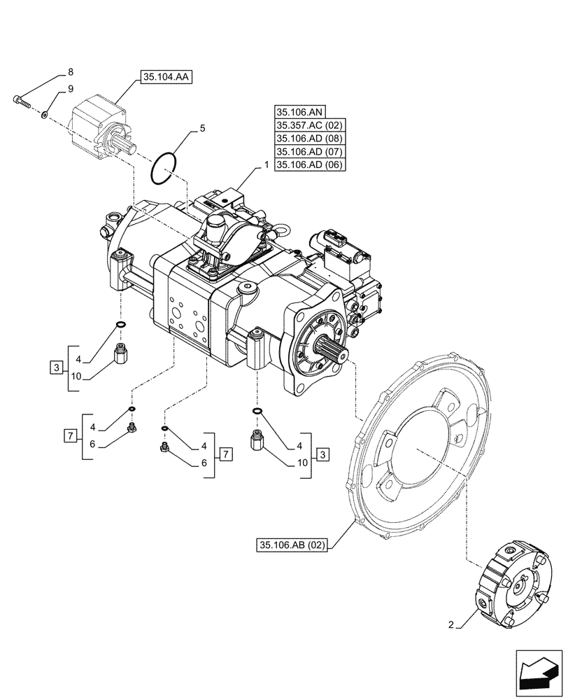 Схема запчастей Case CX250D LC - (35.106.AD[06]) - VAR - 461863 - VARIABLE DELIVERY HYDRAULIC PUMP, CLAMSHELL BUCKET, ROTATION, W/ ELECTRICAL PROPORTIONAL CONTROL (35) - HYDRAULIC SYSTEMS