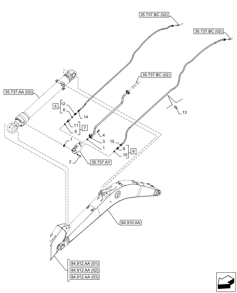 Схема запчастей Case CX250D LC - (35.737.BC[03]) - VAR - 481064 - ARM, CYLINDER, SAFETY VALVE, LINES (35) - HYDRAULIC SYSTEMS