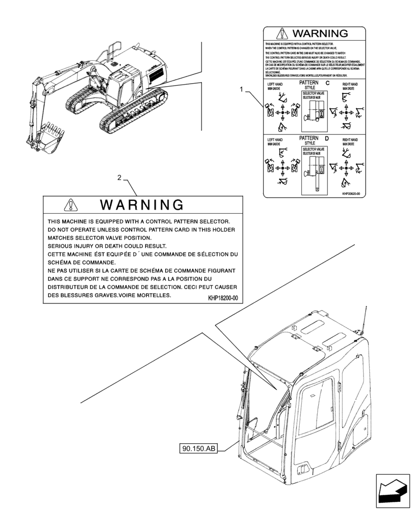 Схема запчастей Case CX250D LC - (90.108.AC[13]) - VAR - 461558 - WARNING DECAL, CONTROL PATTERN SELECTION (90) - PLATFORM, CAB, BODYWORK AND DECALS