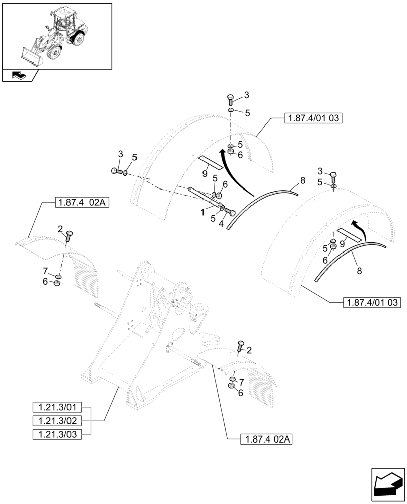 Схема запчастей Case 321E - (1.87.4/01[01A]) - FRONT AND REAR WHEEL GUARD, FROM DATE MAR 15, 2013 (08) - SHEET METAL/DECALS