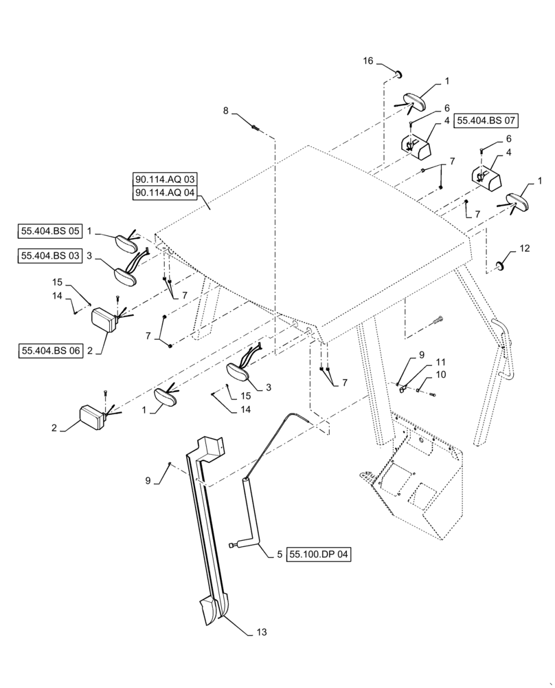 Схема запчастей Case 570N EP - (55.404.BS[02]) - VAR - 747666 - CANOPY, TALL ROPS, LIGHT (55) - ELECTRICAL SYSTEMS