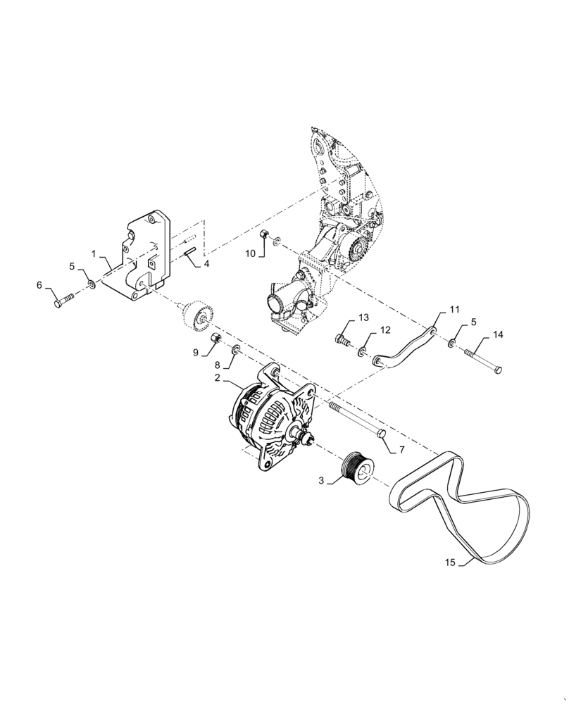 Схема запчастей Case 621F - (55.301.AB[01]) - ALTERNATOR , PULLEY, BELT, INSTALLATION, NO A/C (55) - ELECTRICAL SYSTEMS