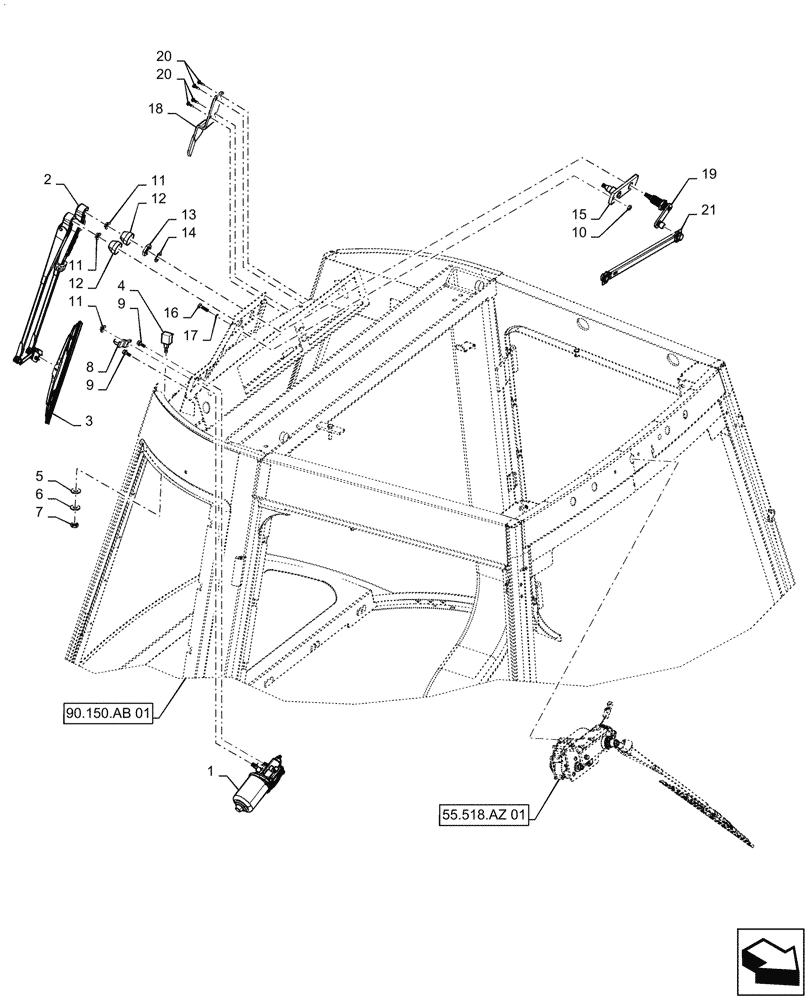 Схема запчастей Case 570N EP - (55.518.AI[01]) - VAR - 747775 - REAR WINDOW WIPER ASSY (55) - ELECTRICAL SYSTEMS