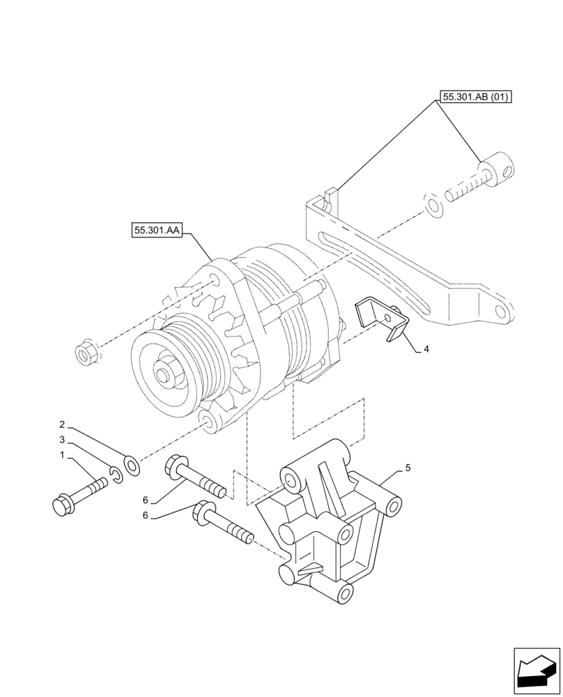 Схема запчастей Case AQ-4HK1XASS01 - (55.301.AB[02]) - ALTERNATOR MOUNTING (55) - ELECTRICAL SYSTEMS