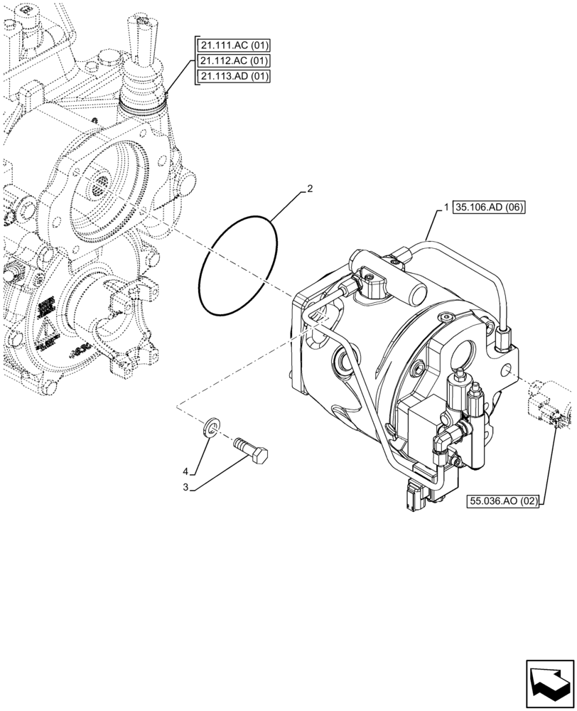 Схема запчастей Case 580SN - (35.106.AD[05]) - VARIABLE DISPLACEMENT HYDRAULIC PUMP (W/O POWER LIFT, W/ DUAL BATTERIES) (35) - HYDRAULIC SYSTEMS