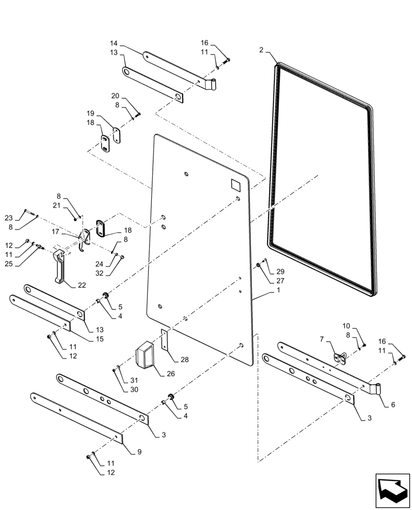 Схема запчастей Case 621F - (90.154.AM[01]) - RIGHT UPPER WINDOW ASSEMBLY (90) - PLATFORM, CAB, BODYWORK AND DECALS